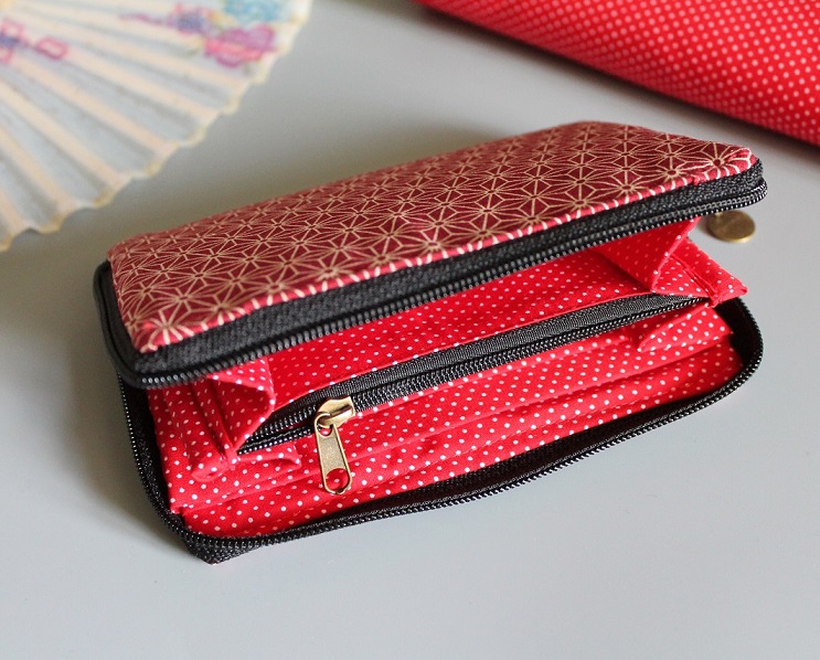 Portefeuille porte-monnaie zippé -  Asanoha rouge